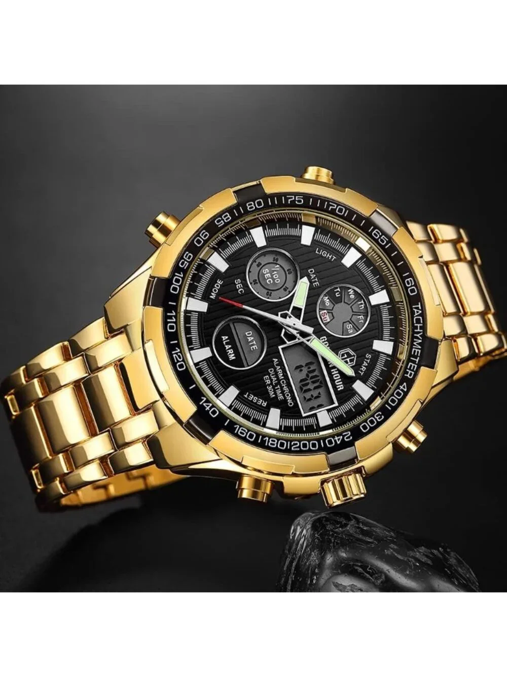 Men's Gold Black Stainless Steel Analog Digital Outdoor Waterproof Luxury Watch
